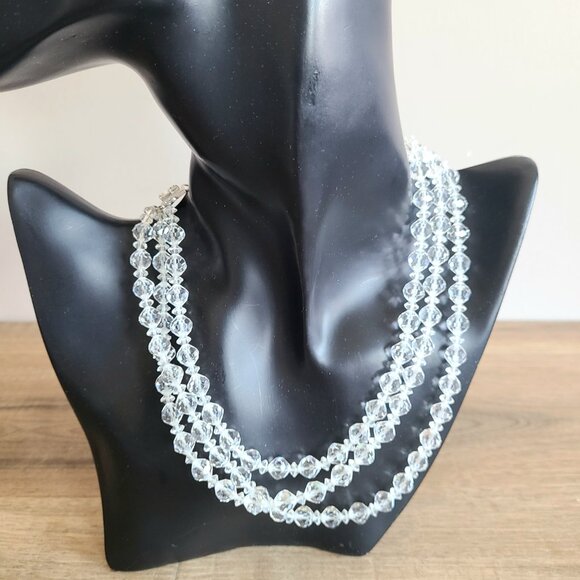 Vintage 1950s clear 3 strings crystals choker necklace. 50s classic midcentury. - Picture 1 of 7